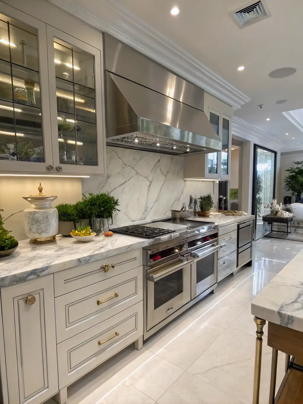 A luxurious, modernly renovated kitchen in a high-end London apartment, showcasing sleek countertops, state-of-the-art appliances, and elegant lighting, representing Oakridge Properties' renovation service.