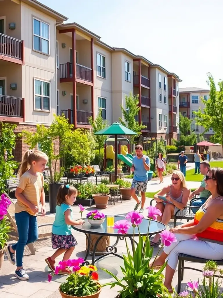 A diverse group of tenants happily interacting in a communal garden of a property managed by Oakridge Properties, emphasizing fair and responsible rental practices.