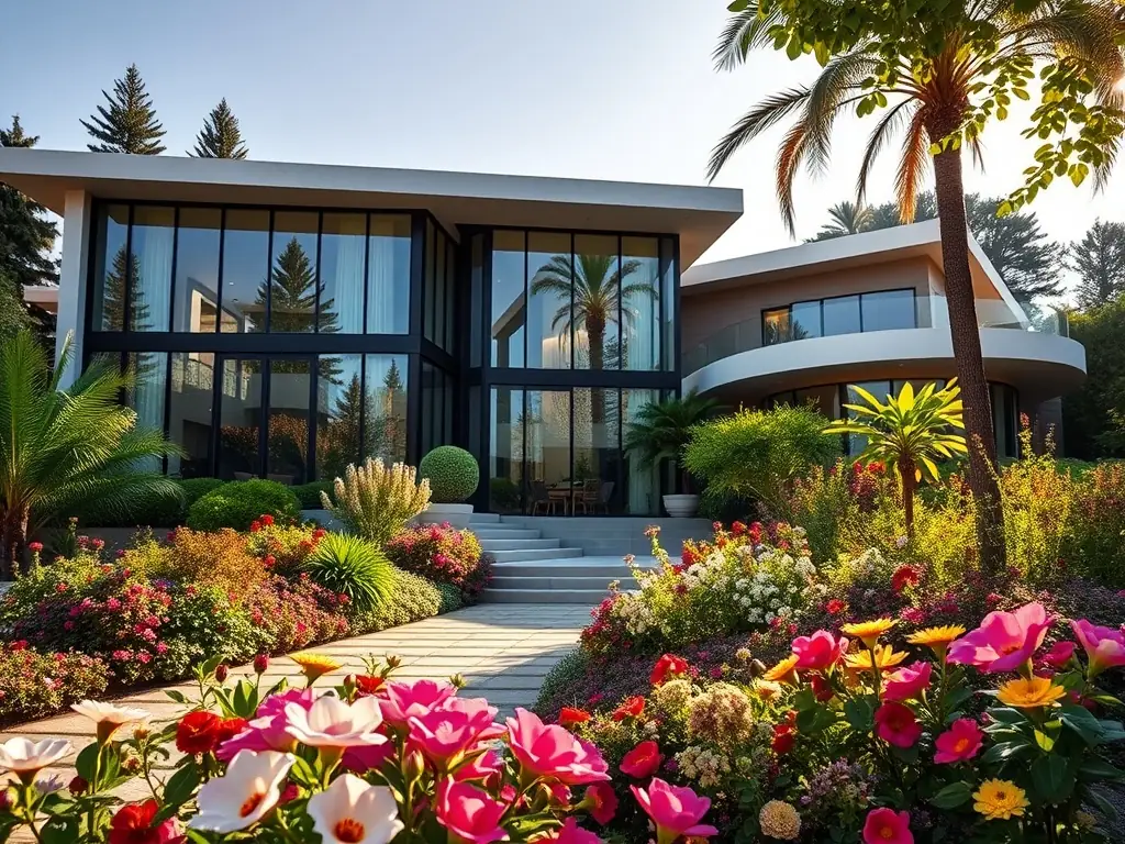 A photograph showcasing a grand, newly acquired high-end property with elegant architecture and landscaping, bathed in soft, natural light.
